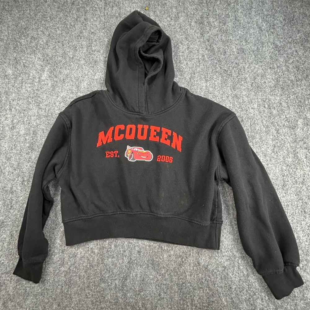 Disney Pixar Cars Lightning McQueen Cropped Hoodie Black Red XS Est 2006